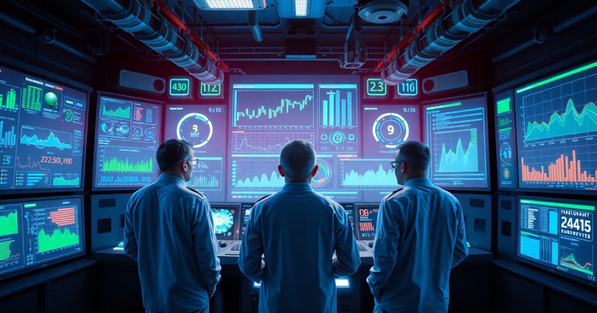 Enerji izleme sistemlerinin çalışmasını gösteren yüksek teknoloji bir kontrol odası.