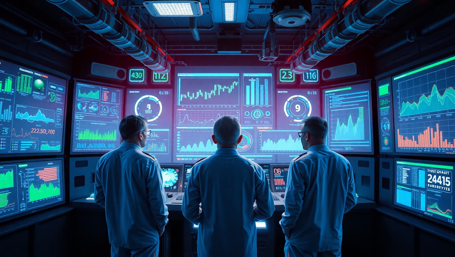 Enerji izleme sistemlerinin çalışmasını gösteren yüksek teknoloji bir kontrol odası.