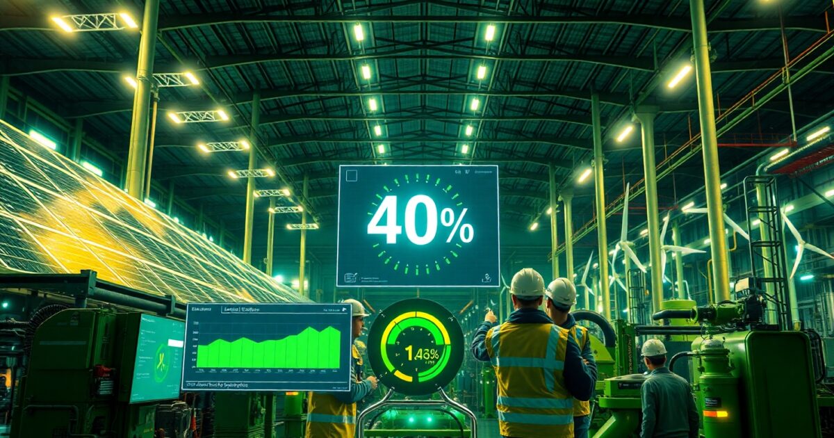 Enerji verimli endüstriyel fabrika, güneş panelleri ve rüzgar türbinleriyle enerji tasarrufu sağlıyor.