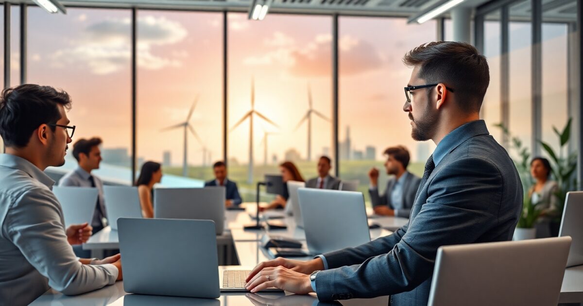 Enerji yöneticisi, modern ofiste enerji tüketimini izleyen iş insanı, yenilenebilir enerji çözümleriyle çevrili.