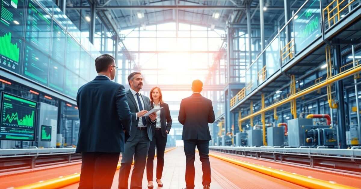 ISO 50001 enerji yönetim sistemiyle optimize edilmiş bir endüstriyel tesis, dijital gösterge panelleri ve enerji verimliliği stratejileriyle.