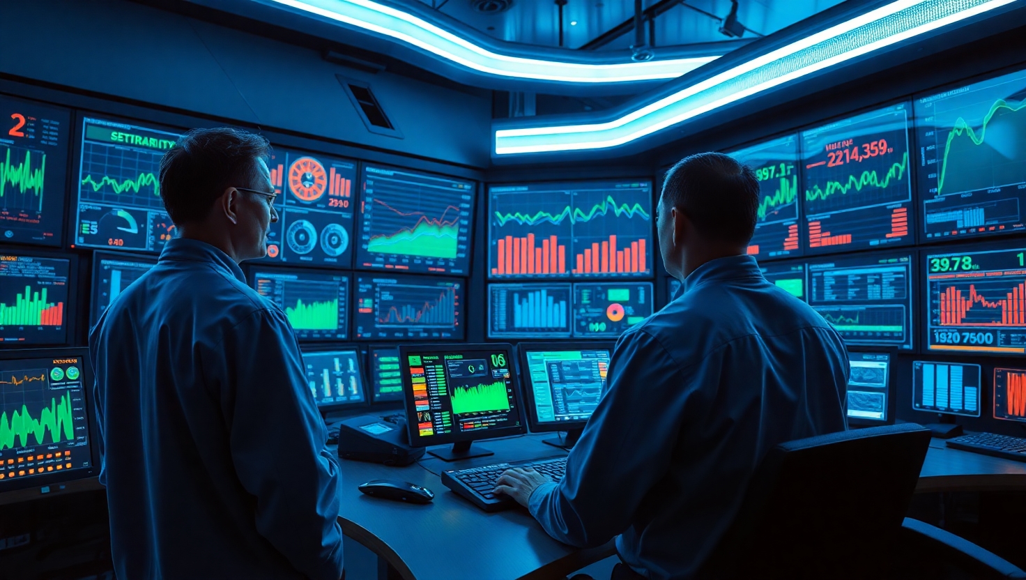 Enerji izleme sistemlerinin çalışmasını gösteren yüksek teknoloji bir kontrol odası.