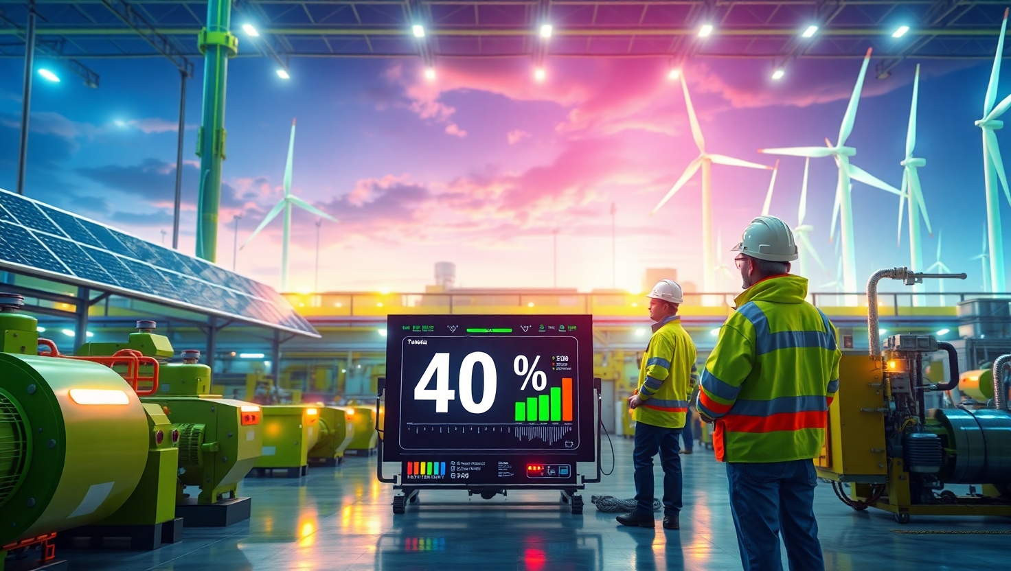 Enerji verimli endüstriyel fabrika, güneş panelleri ve rüzgar türbinleriyle enerji tasarrufu sağlıyor.