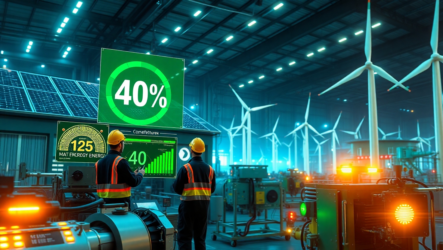 Enerji verimli endüstriyel fabrika, güneş panelleri ve rüzgar türbinleriyle enerji tasarrufu sağlıyor.