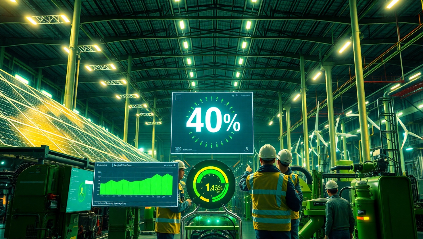 Enerji verimli endüstriyel fabrika, güneş panelleri ve rüzgar türbinleriyle enerji tasarrufu sağlıyor.