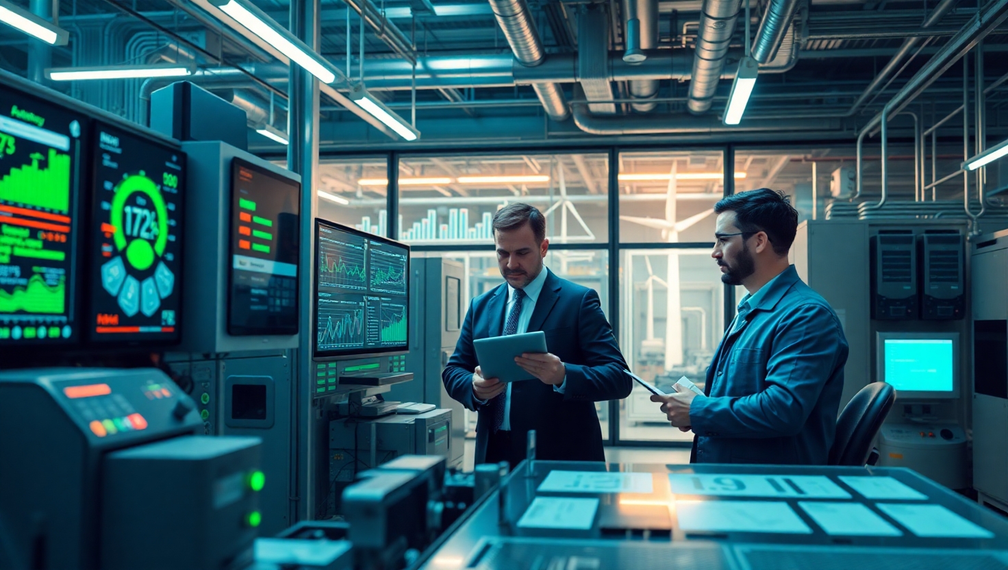 Enerji Yönetim Sistemi ISO 50001, enerji verimliliği ve sürdürülebilirlik için modern ofis ortamı.