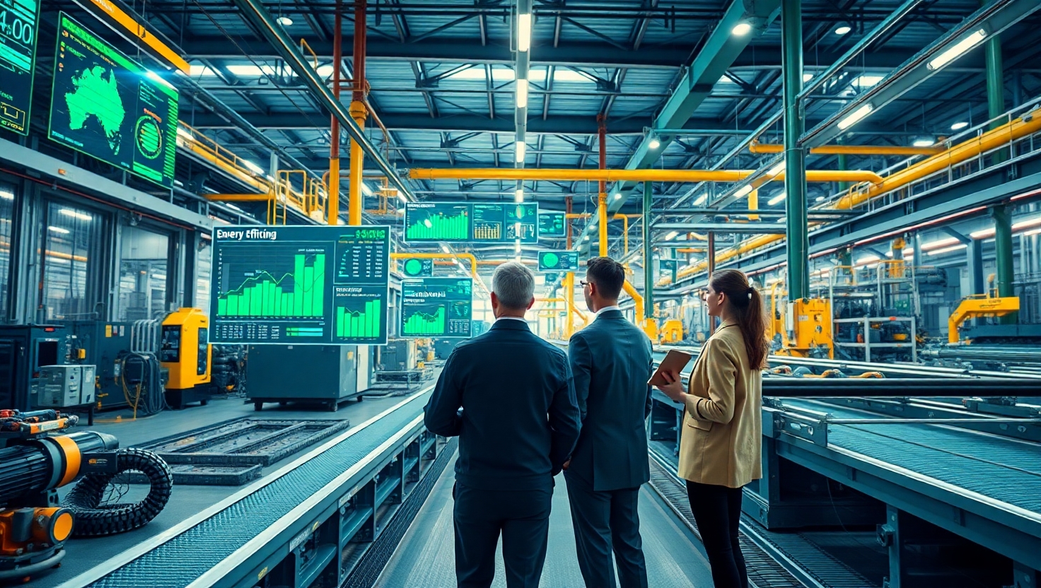 ISO 50001 enerji yönetim sistemiyle optimize edilmiş bir endüstriyel tesis, dijital gösterge panelleri ve enerji verimliliği stratejileriyle.